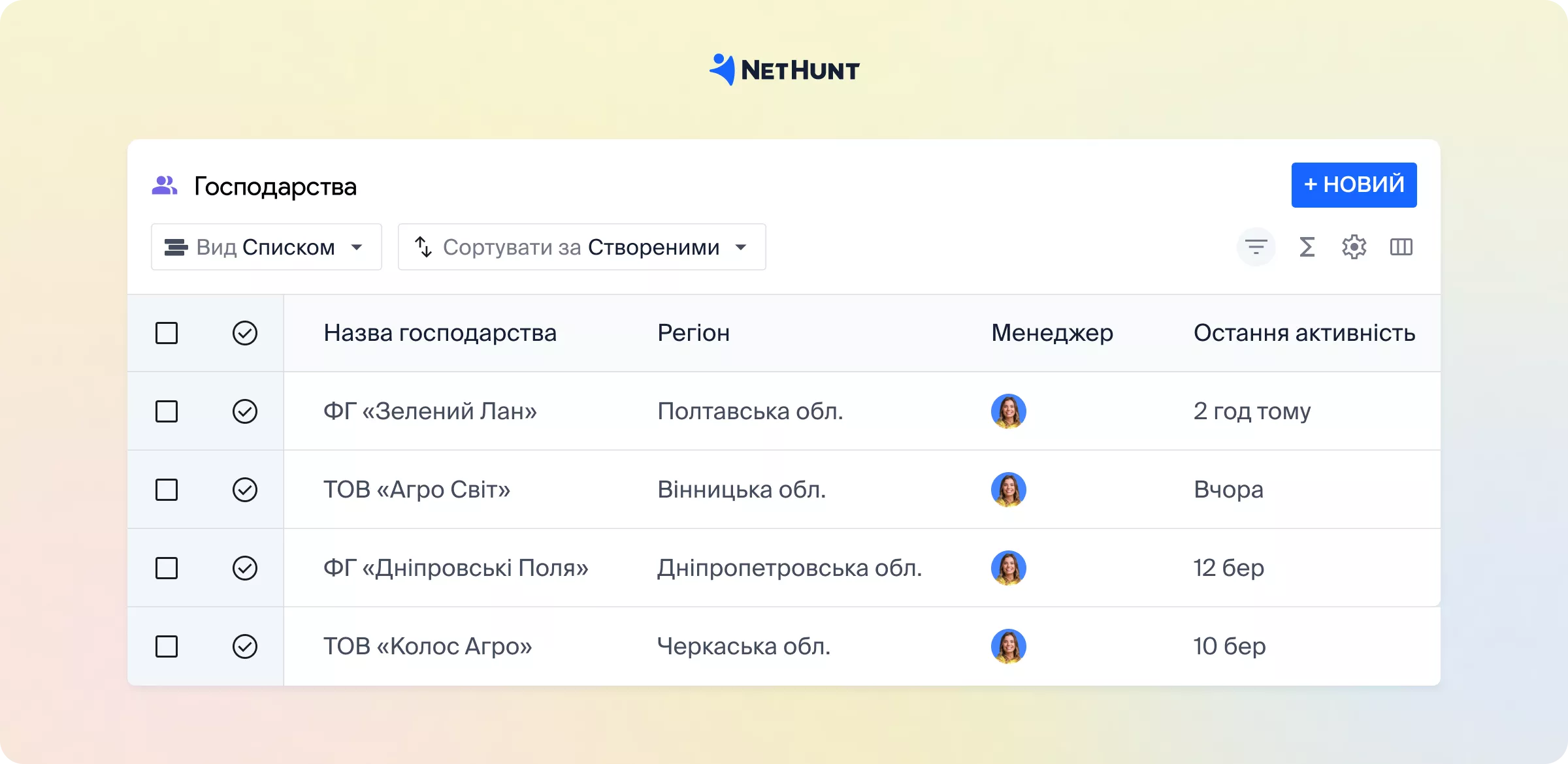 Скриншот інтерфейсу NetHunt CRM, що показує список клієнтів
