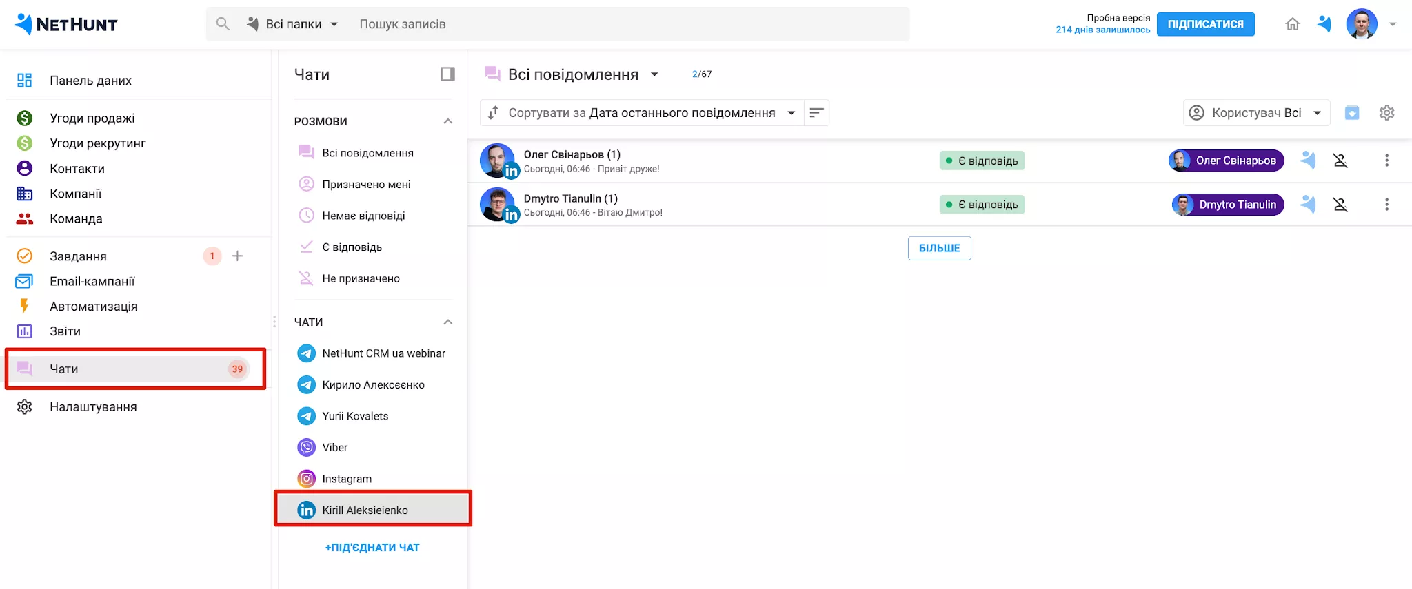 Розділ чатів LinkedIn